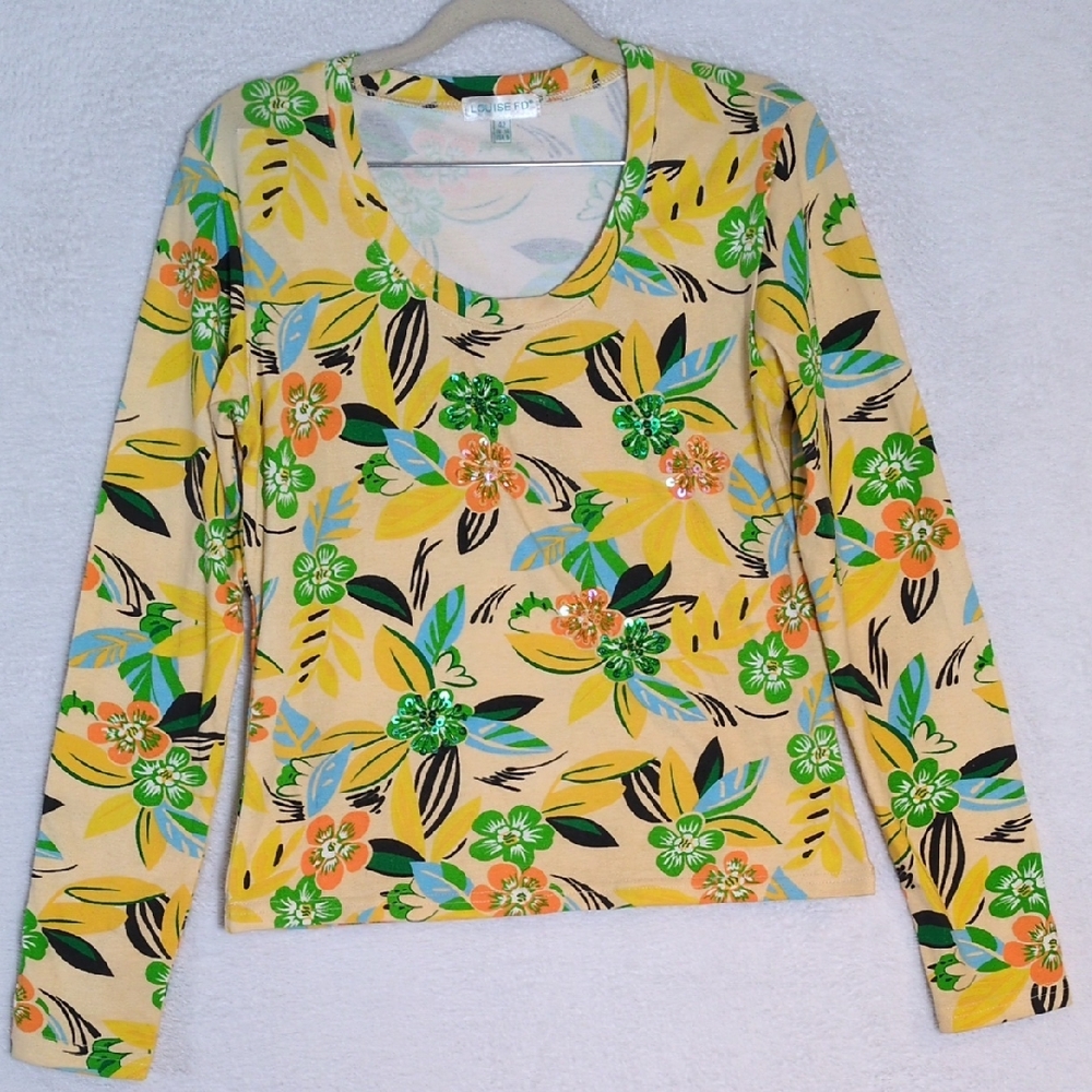Louise FD Women's Yellow‎ Sequin Sunny Summer Long Sleeve Shirt Size M
